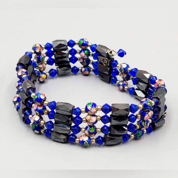 Magnetic Hematite Bead Wrap Bracelet Enamel Cloisonne Beads 30" - Picture 1 of 6